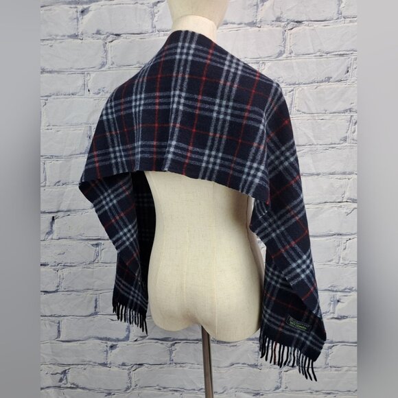 Burberry Vintage Scarf Navy Check 100% Lambswool England 90s Y2K 60" x 11" - Picture 8 of 13